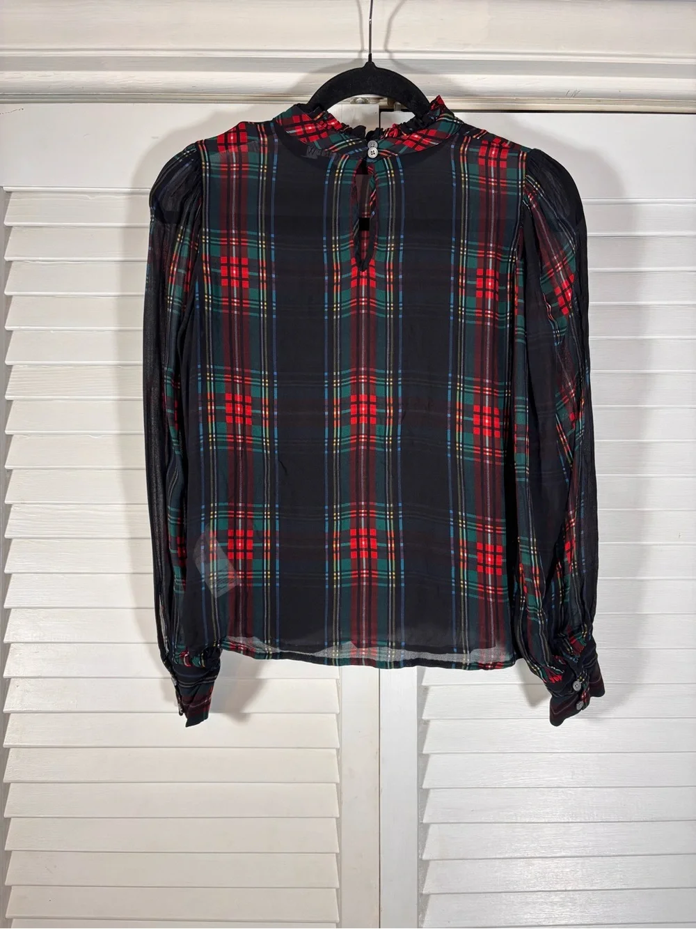 J.Crew Ruffleneck Top Stewart Tartan Chiffon XS Plaid Holiday Red Green Sheer